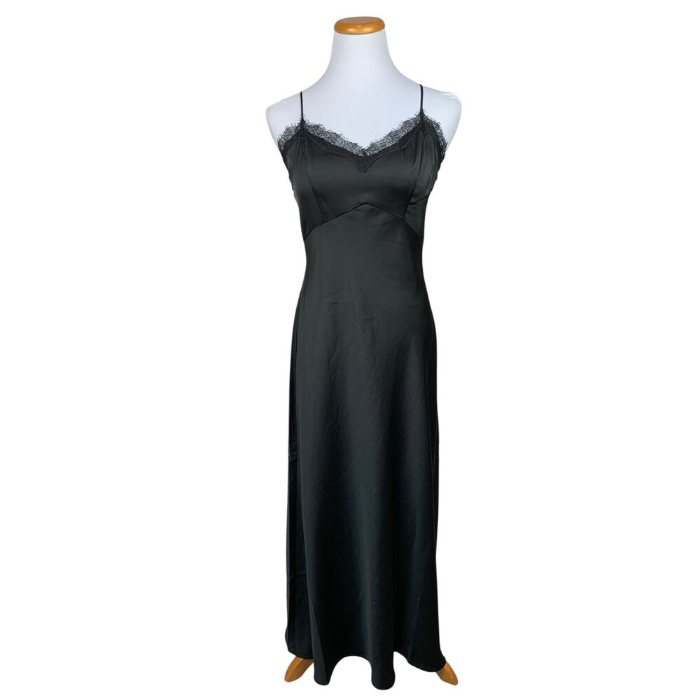 New Z Supply After Hours Midi Dress Black Satin Lace Trim Slip Women's M
